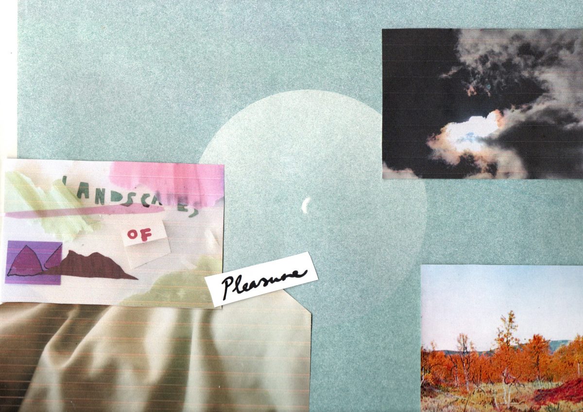Header image which shows an analog collage of various foto printouts and material collages. The background is a muted and textured turquoise sky that shows a big circle which reminds of the moon, with a small waning moon in its center. Overlaying this background on the top right is a cut out picture of clouds in a contrast-rich sky, partially covering a bright sun. In the below corner is a cut out picture of trees in autumn, with orange and red hued foliage, golden, dried grass in the foreground, and in the far back the top of softly rounded mountain ranges. On the left lower half of the collage you see a cut out of a foto showing soft creases and folds of a duvet covered in white-beige colored sheets, a soft play of light and shadow. Above this lies a cut out foto of an analog collage using various papery materials in pink to purple to green-ish colors with various textures, ripped and cut into various shapes; some are glued flat onto a surface, some are more dimensional and play with light and shadow, bringing textures to life. Cut-out paper forms the word 'landscapes of'. Another small cutout shows the word 'pleasure' written on white paper. Together with the other elements one can read 'landscapes of pleasure'.